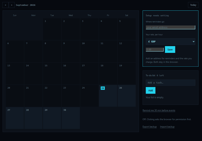 An empty
      month; a day is picked, two entries are added to it and appear on the
      grid, and a to-do is added beside them