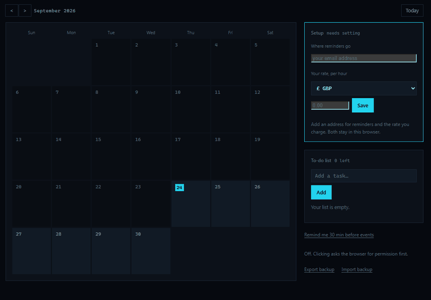 An empty
      month; a day is picked, two entries are added to it and appear on the
      grid, and a to-do is added beside them